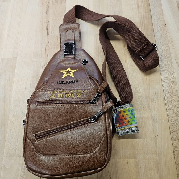 Army Faux Leather Crossbody Sling Bag With Embroidered Patch - Picture 1 of 8